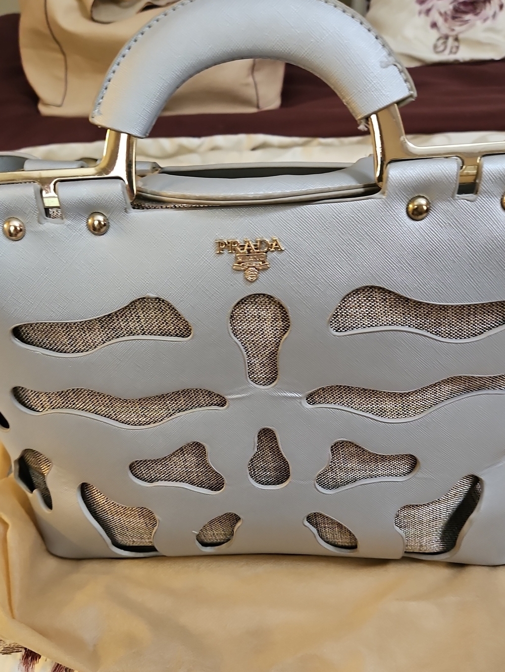 Prada Pale Blue Cutout Saffiano Satchel with Gold Hardware